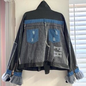 Women's Faux Leather Winter Green Jacket with Jean and Ruffle Details